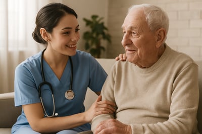 Enfermera profesional atendiendo a un adulto mayor con cuidado y dedicación